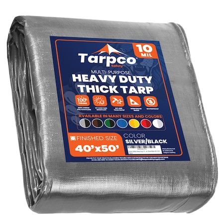 Tarpco Safety Heavy Duty Tarp, 50 ft L x 0.5 mm H x 40 ft W, 10 Mil, Silver/Black, Polyethylene TS-151-40X50